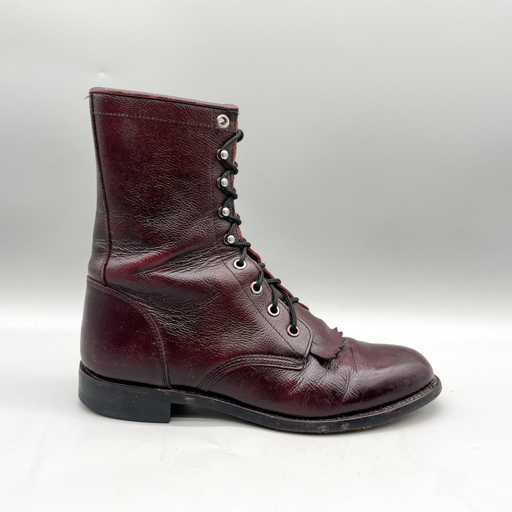 Justin Womens 7C Kiltie Roper Boots Oxblood Leather VTG 90s Western Cowgirl Boho